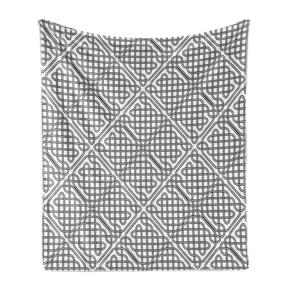 Celtic Soft Flannel Fleece Throw Blanket, Medieval Irish Striped Binding Square Shaped Patterns Old-Fashion Dated Print, Cozy Plush for Indoor and Outdoor Use, 60" x 80", Black White, by Ambesonne