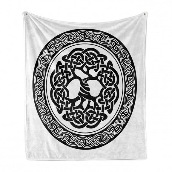 Celtic Soft Flannel Fleece Throw Blanket, Native Celtic Tree of Life Ireland Early Renaissance Modern Design, Cozy Plush for Indoor and Outdoor Use, 50" x 70", Black White, by Ambesonne