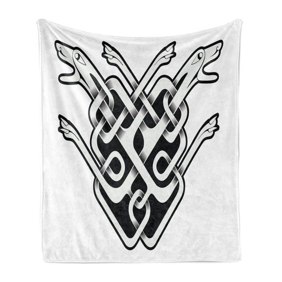 Celtic Soft Flannel Fleece Throw Blanket, Old Russian and Byzantine with Interlaced Curvy Lines and Dogs Heads Paws, Cozy Plush for Indoor and Outdoor Use, 50" x 60", Black and White, by Ambesonne