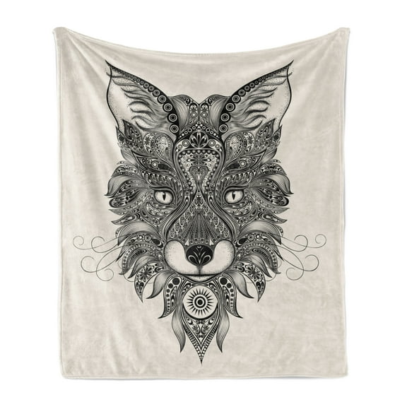 Celtic Soft Flannel Fleece Throw Blanket, Sharp Eyed Fox Head Portrait Celtic Pattern Style Image, Cozy Plush for Indoor and Outdoor Use, 60" x 80", Black Ecru, by Ambesonne