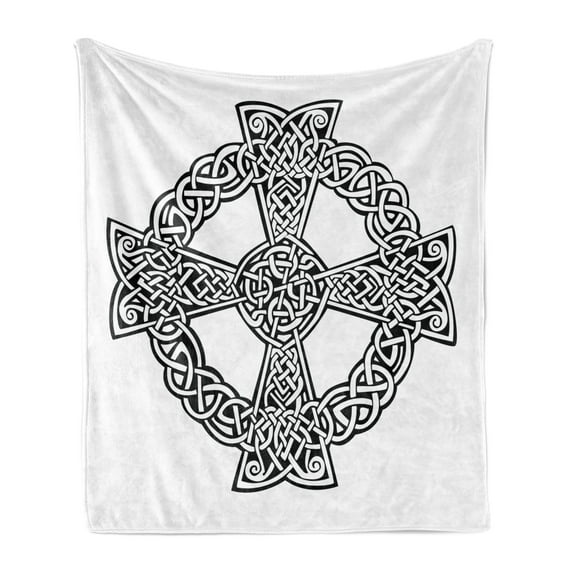 Celtic Soft Flannel Fleece Throw Blanket, Celtic Traditional Culture in Abstract Braided Knots Design, Cozy Plush for Indoor and Outdoor Use, 70" x 90", White and Black, by Ambesonne