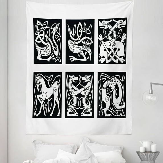 Celtic Tapestry, Abstract Animal Ornament Pattern in Tribal Style for Tattoo and Culture Design, Fabric Wall Hanging Decor for Bedroom Living Room Dorm, 5 Sizes, Black and White, by Ambesonne