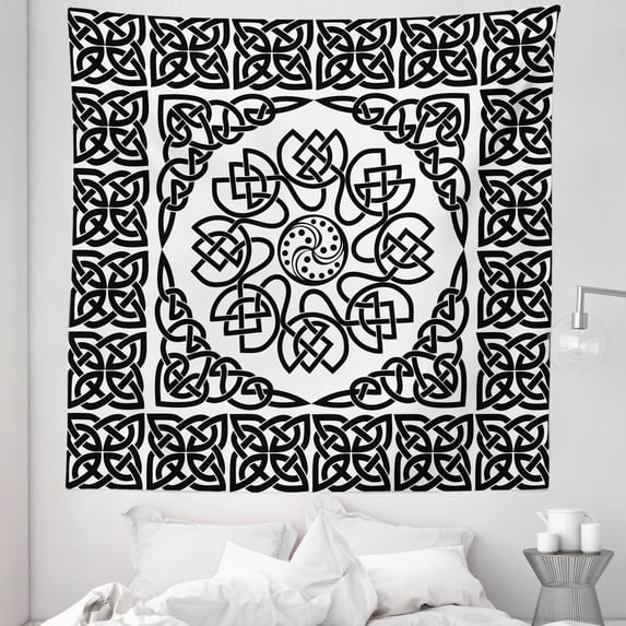 Celtic Tapestry, Filigree Style Endless Celtic Knot Pattern with Abstract Style Floral Petals, Fabric Wall Hanging Decor for Bedroom Living Room Dorm, 5 Sizes, Black and White, by Ambesonne
