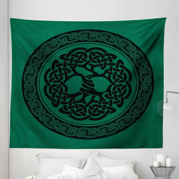 Celtic Tapestry, Monochrome Tree of Life Illustration Timeless European Motif, Fabric Wall Hanging Decor for Bedroom Living Room Dorm, 5 Sizes, Forest Green Black, by Ambesonne