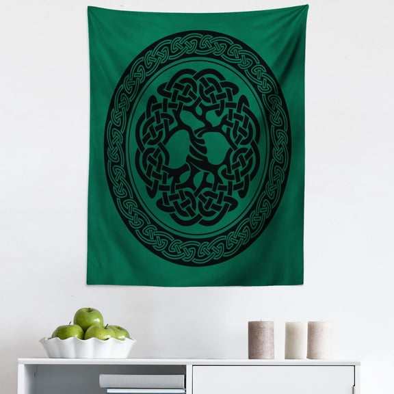 Celtic Tapestry, Monochrome Tree of Life Illustration Timeless European Motif, Fabric Wall Hanging Decor for Bedroom Living Room Dorm, 5 Sizes, Forest Green Black, by Ambesonne