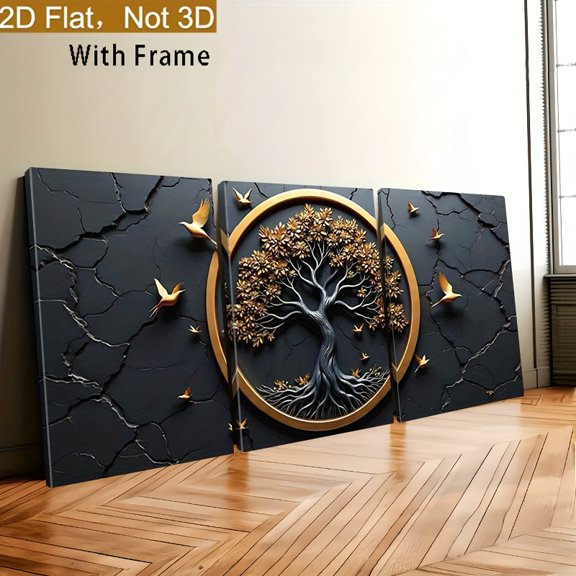 [Celtic Tree Art] 2D Flat Framed, 3pcs Set of Wooden Frame Canvas Art - Celtic Tree of Life Abstract Golden Birds and Animals Creative Poster, Home Wall Decor, Framed 2D Plane Art, Living Room Decor,