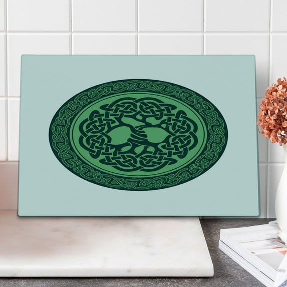 Celtic Tree Cutting Board, Stamp Style Old Motif with Natural Elements and Knot Like Design, Decorative Tempered Glass Cutting and Serving Board, in 3 Sizes, by Ambesonne