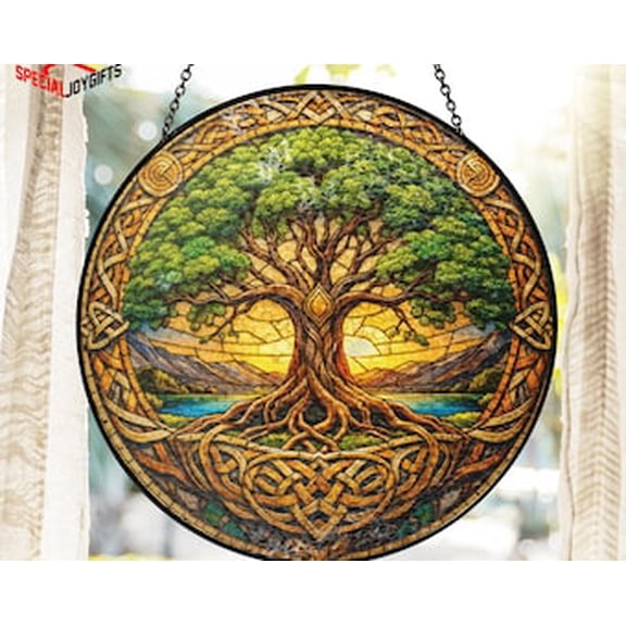 Celtic Tree of Life Glass Suncatcher Round Window Hanging, 3.5 in