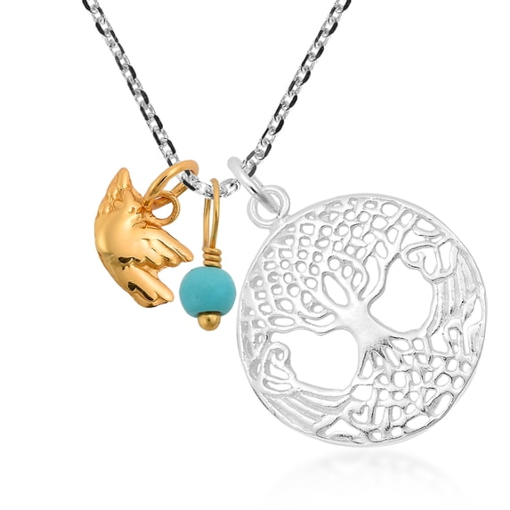 Celtic Tree of Life Gold Plated Silver Dove Simulated Turquoise Bead Charm .925 Sterling Silver Necklace