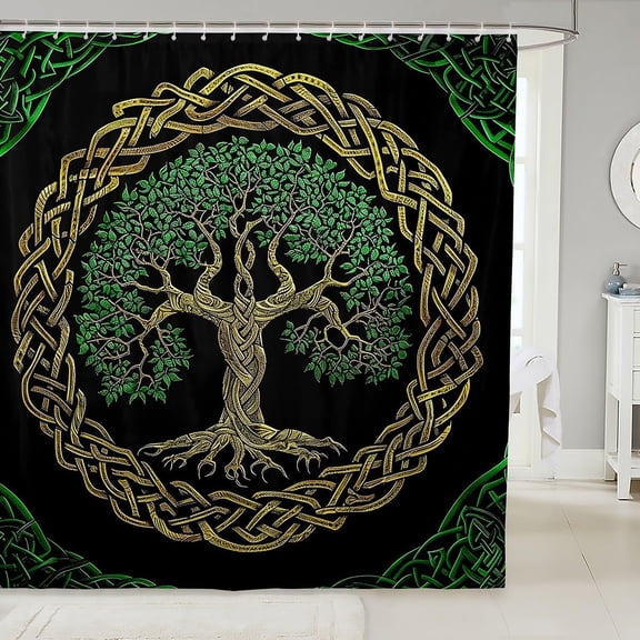 Celtic Tree of Life Shower Curtain Green And Black Norse Mythology Fabric Bath Curtain with Hooks 71x71 inches
