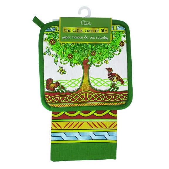 Royal Tara Irish Set of Tea Towel and Pot Holder - Kitchen Textiles Tree Life 100% Cotton Hot Pad H 22 cm W & Dishtowel 75 50 Dish Cloths Machine Washable Highly Durable