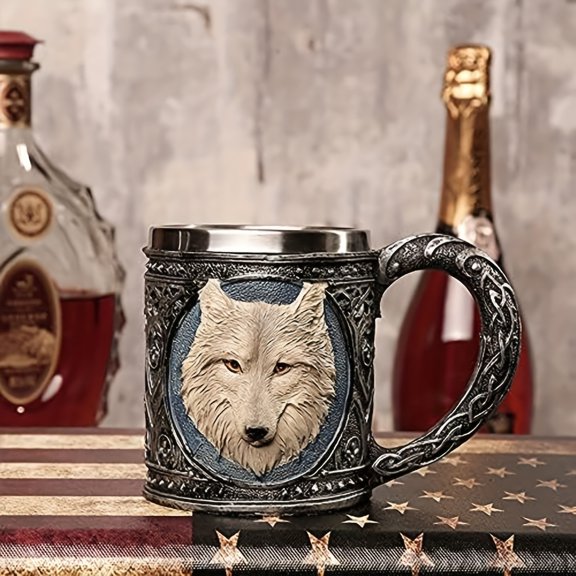 Celtic Tribe Gray Wolf Magic Resin Mug with Stainless Steel Rim, Suitable for Coffee, Tea, Cereal, And Drinks, Perfect for Halloween Parties And Kitchen Decor Featuring Wolf