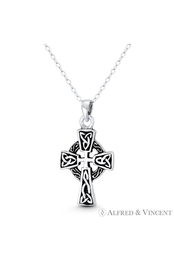 Celtic & Trinity Knot Irish Christian Cross 30x16mm (1.2x0.6in) Pendant & Chain Necklace in Oxidized .925 Sterling Silver