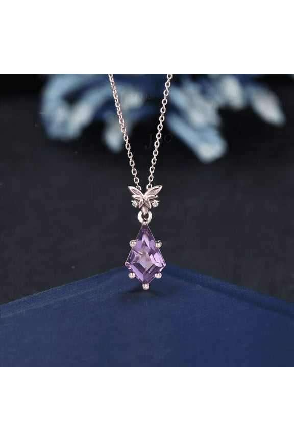 Celtic Trinity Knot Leaf Kite Shaped Amethyst Diamond Pendant - 14k Rose Gold Finish Nature Inspired Leaf Purple Crystal Wedding Necklace Birthday Gifts