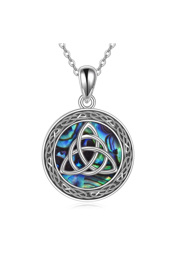 Celtic Trinity Knot Necklace Sterling Silver Abalone Shell Triangle Triquetra Pendant Necklace Good Luck Irish Jewelry for Women Men