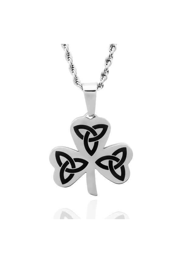 Celtic Trinity Knot Shamrock Pendant Necklace with Black Enamel Irish Stainless Steel Jewelry for Women or Men Perfect for St. Patrick's Day