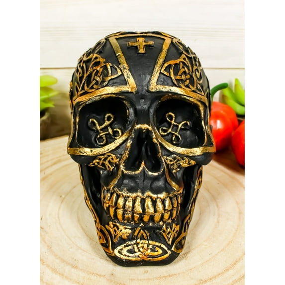 Celtic Trinity Knotwork Crusader Templar Knights Cross Black Gold Skull Statue