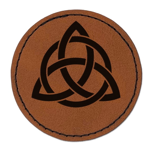 Celtic Triquetra Knot Silhouette 2.5" Faux Leather Round Engraved Iron-On Patch - Brown