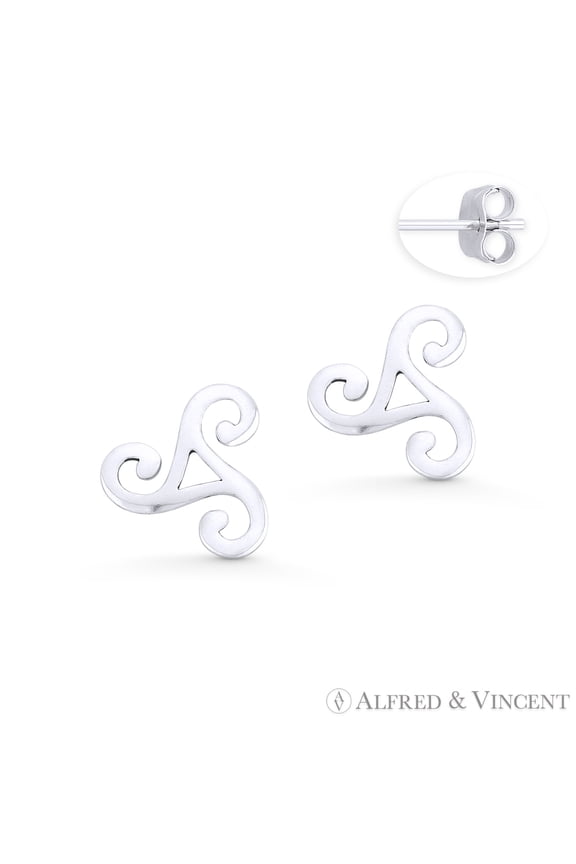 Celtic Triskelion Triple Spiral Charm Stud Earrings in Oxidized .925 Sterling Silver