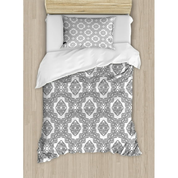 Celtic Twin Size Duvet Cover Set, Vintage Geometric Diagonal Symmetrical Binding Celtic Knots Motifs Illustration, Decorative 2 Piece Bedding Set with 1 Pillow Sham, Black White, by Ambesonne