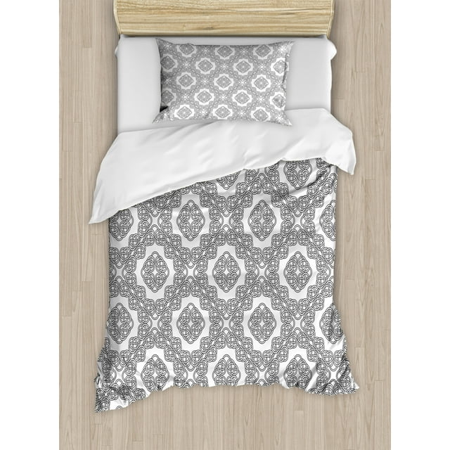 Celtic Twin Size Duvet Cover Set, Vintage Geometric Diagonal Symmetrical Binding Celtic Knots Motifs Illustration, Decorative 2 Piece Bedding Set with 1 Pillow Sham, Black White, by Ambesonne