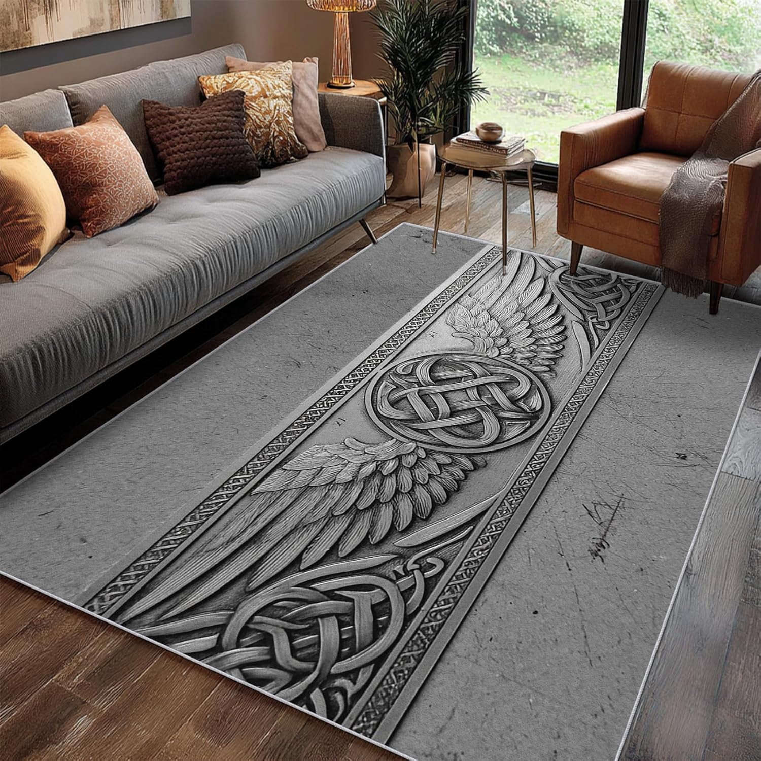 Celtic Viking Area Rugs, Grey Vintage Pattern Carpet, Washable Non Slip ...
