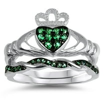 Celtic Wedding Rings Set Green Claddagh Bridal Engagement Ring CZ Sterling Silver Size 6
