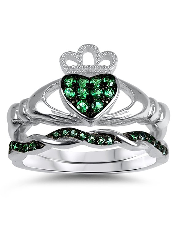Celtic Wedding Rings Set Green Claddagh Bridal Engagement Ring CZ Sterling Silver Size 7
