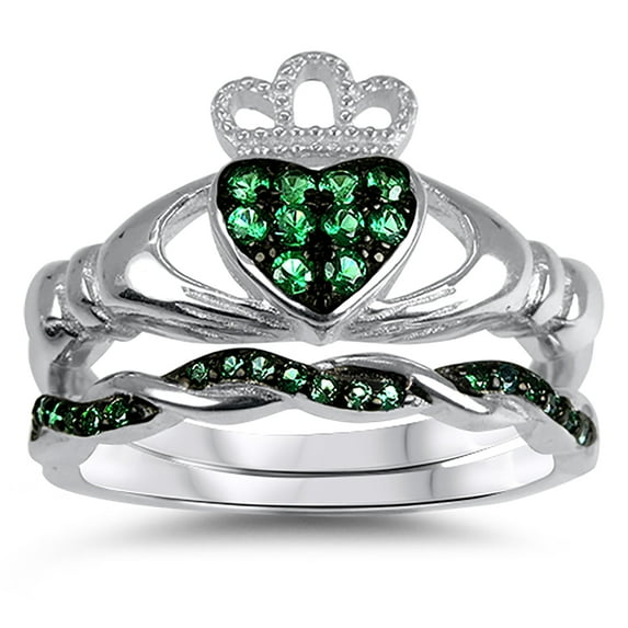 Celtic Wedding Rings Set Green Claddagh Bridal Engagement Ring CZ Sterling Silver Size 8