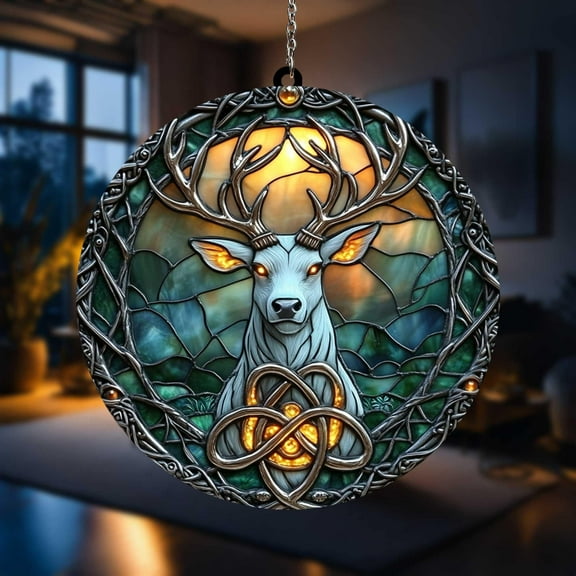 Celtic White Deer Acrylic Suncatcher fullxfull Mystical Forest Spirit Decor with Glowing Antlers, Woodland Wildlife Window Hanging for Nature Fans
