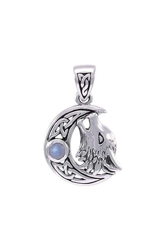 Celtic Wolf Crescent Moon 925 Sterling Silver Pendant Jewelry Rainbow Moonstone
