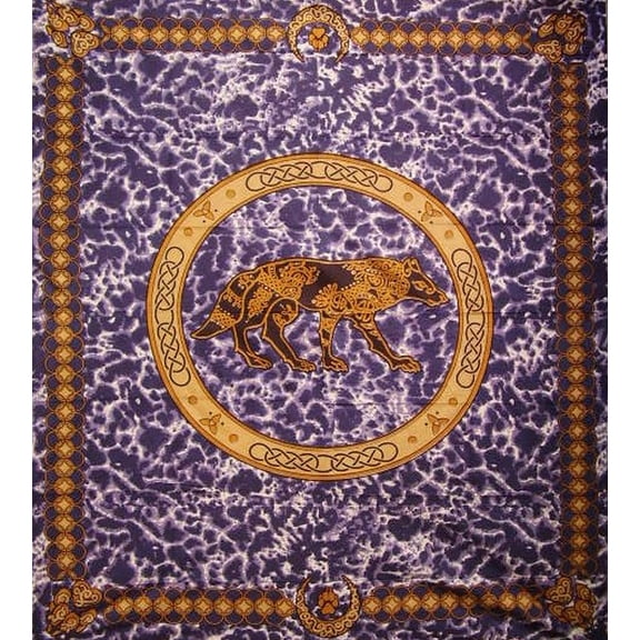 Celtic Wolf Tapestry Cotton Bedspread 108" x 88" Full-Queen Purple