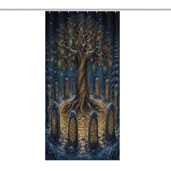Celtic Yule Tree Snow Ornaments Print Shower Curtain,Cloth Fabric Waterproof Polyester Bathroom Home Decor Set with Hooks