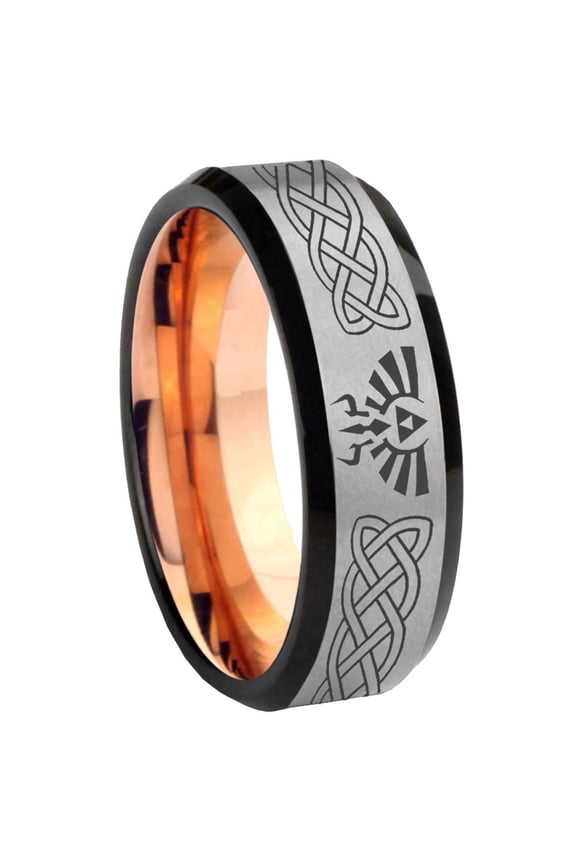 Celtic Zelda Triforce 8MM Beveled Edge Gray And Rose Gold Tungsten Ring