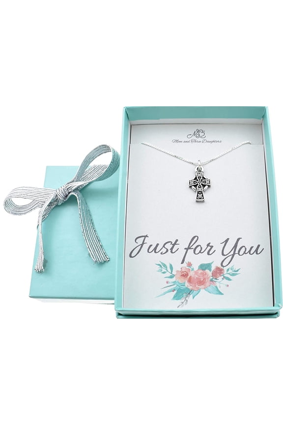 Celtic cross necklace in silver toned pewter on a 14 inch sterling silver box chain. Christian jewelry. Christian necklace.