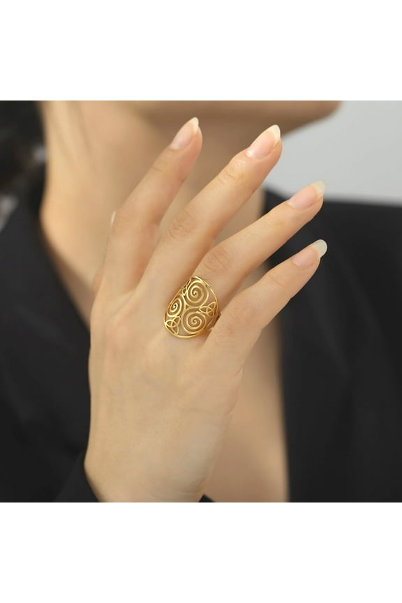 Celtics Triple Spiral Triskelion Ring for Men Women Triskele Symbol Irish Amulet 14K Yellow Gold Couple Jewelry