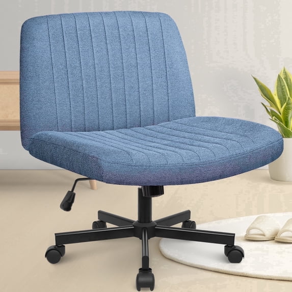 Celtoss Criss Cross Legged Home Office Chair, Fabric Armless Swivel Task Computer Chair with Wheels, Wide Seat, Vanity Chair, Comfy Chair, Blue