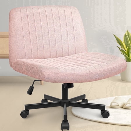 CELTOSS Criss Cross Legged Home Office Chair, Fabric Armless Swivel Task Computer Chair with Wheels, Wide Seat, Vanity Chair, Comfy Chair, Pink