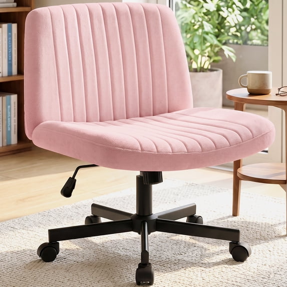 CELTOSS Criss Cross Legged Home Office Chair, Fabric Armless Swivel Task Computer Chair with Wheels, Wide Seat, Vanity Chair, Comfy Chair, Pink