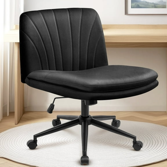 Celtoss Criss Cross Home Office Chair, Armless Swivel Task Computer Chair with Wheels, in PU Leather, Vanity Style, Black