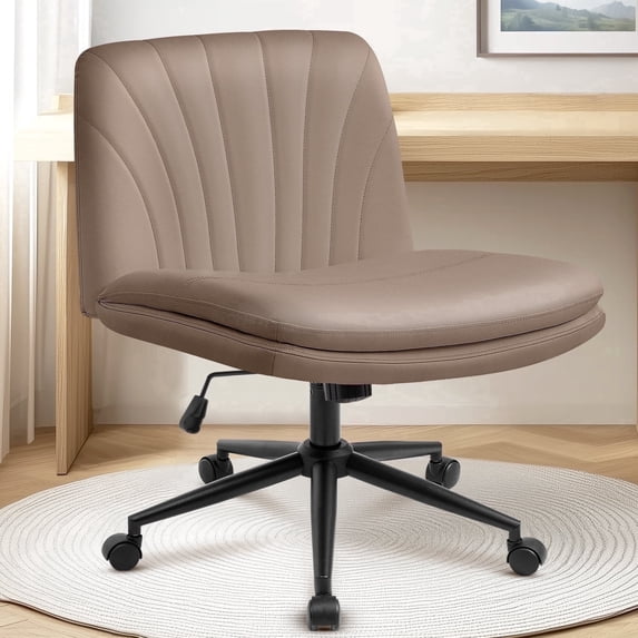 CELTOSS Criss Cross Office Chair, Armless Cross Legged Computer Desk Chair with 2-in-1 Wheels & Foot Pads, Double-Layer Seat Cushion, PU Leather Vanity Chair, Brown
