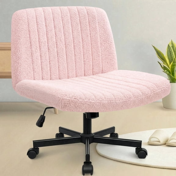 Celtoss Criss Cross Home Office Chair, Teddy Fabric Armless Swivel Task Computer Chair with Wheels, Pink