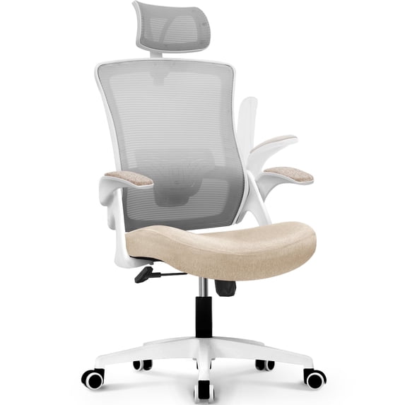 CELTOSS Ergonomic Office Chair, High Back Flip-Up Armrests Design, Adjustable Mesh Headrest and Lumbar Support, Beige