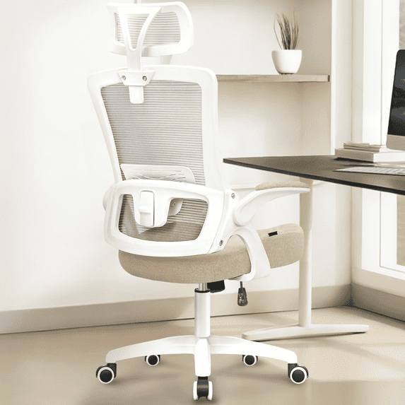 CELTOSS Ergonomic Office Chair, High Back Flip-Up Armrests Design, Adjustable Mesh Headrest and Lumbar Support, Beige