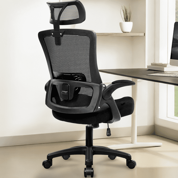 CELTOSS Ergonomic Office Chair, High Back Flip-Up Armrests Design, Adjustable Mesh Headrest and Lumbar Support, Black