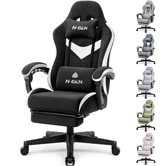 CELTOSS Black Fabric Gaming Chair with Footrest, Comfortable Computer Office Chair with Lumbar Cushion, High Back Gamer Game Chair for Adult, Reclining Video Desk Chair