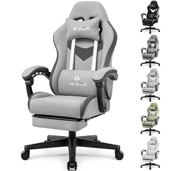 CELTOSS Adult Fabric Gaming Chair with Footrest and Lumbar Pillow, Gray