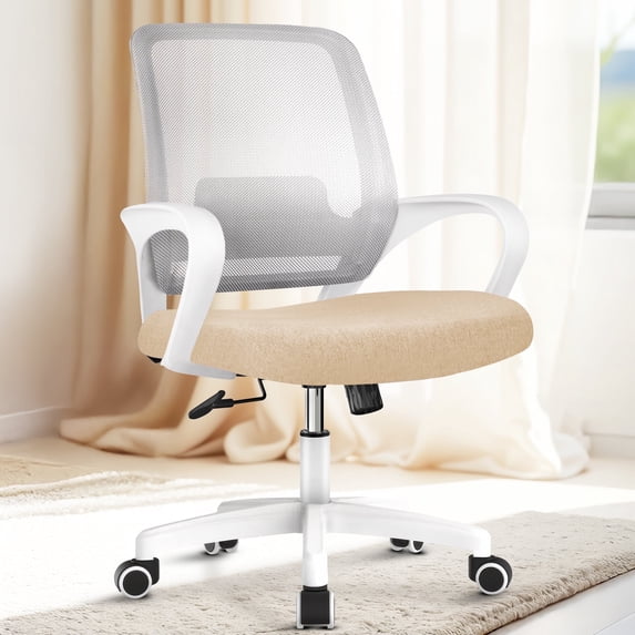 CELTOSS Ergonomic Home Office Chair, Mid Back Lumbar Support Desk Chair, Adjustable Height with Armrests for Adults, Beige