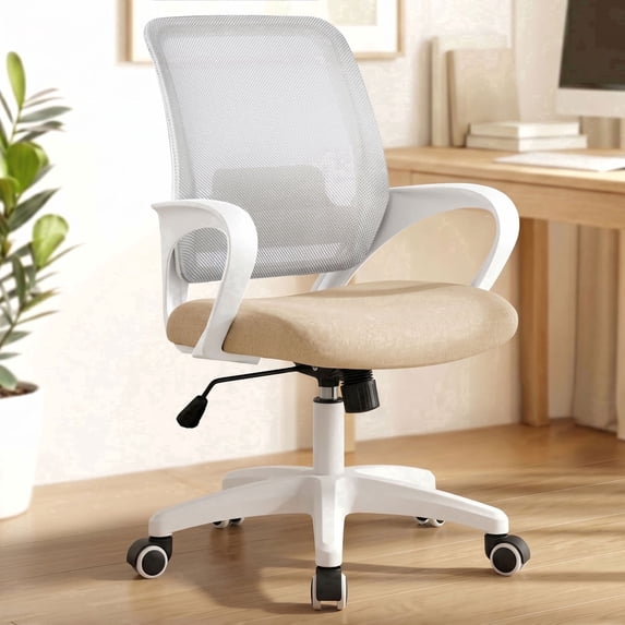 CELTOSS Ergonomic Home Office Chair, Mid Back Lumbar Support Desk Chair, Adjustable Height with Armrests for Adults, Beige