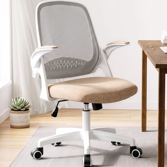 CELTOSS Ergonomic Office Chair, Mid Back Mesh Computer Desk Chair, Flip-Up Arms, Adjustable Lumbar Support for Home Office, Beige